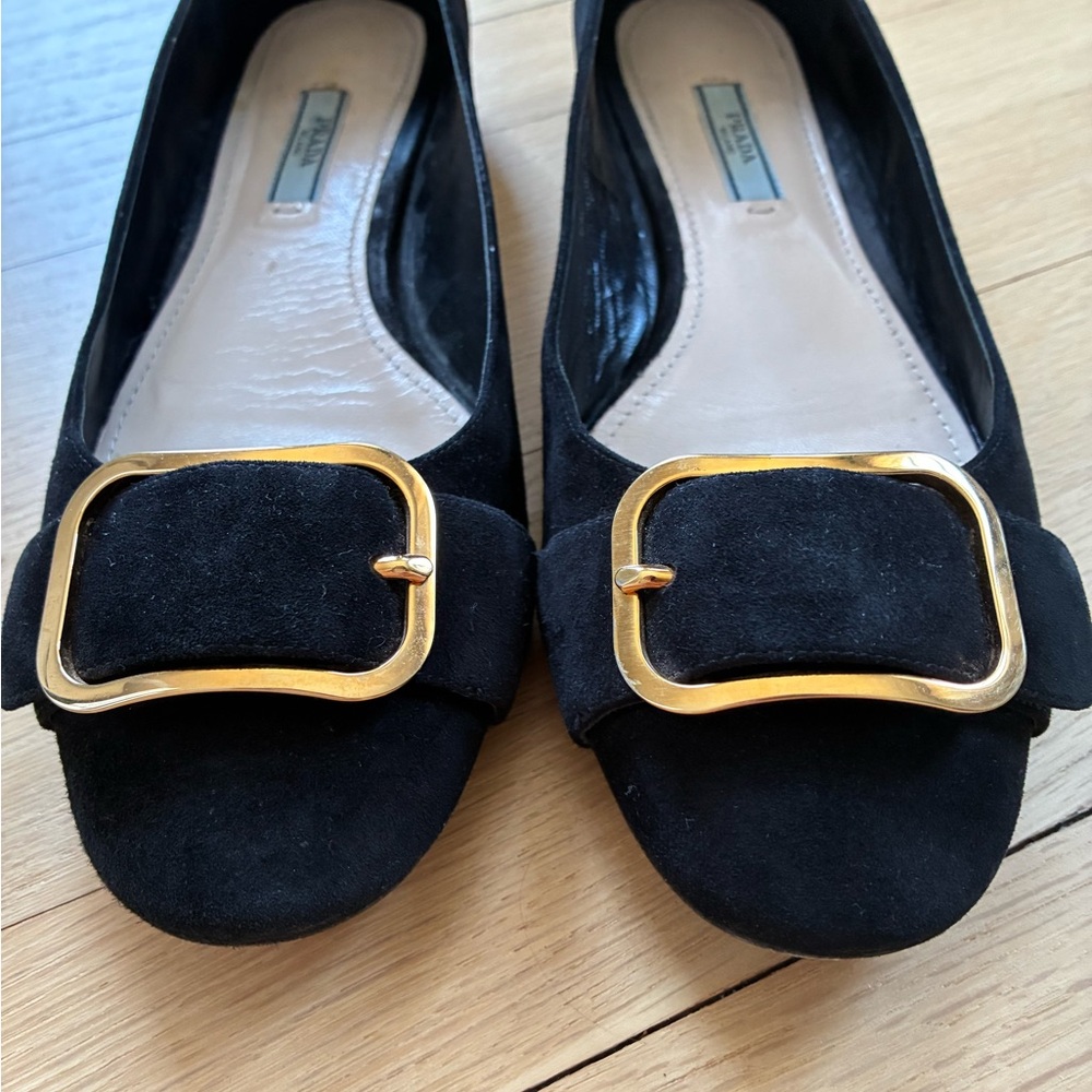 Prada Black Suede Flats with Gold Buckle - Picture 2 of 7